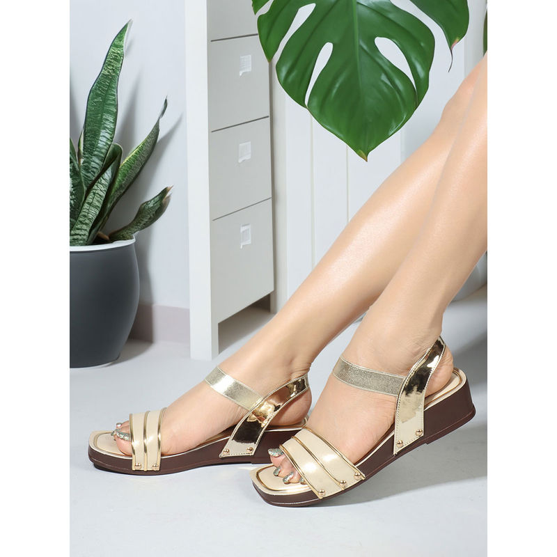 Iconics Womens Fashionable Solid Gold Color Backstrap Sandals (EURO 36)