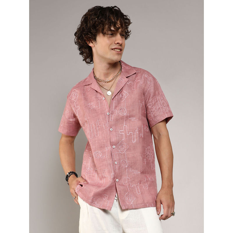 Campus Sutra Mens Rouge Pink Embroidered Lined Shirt (S)