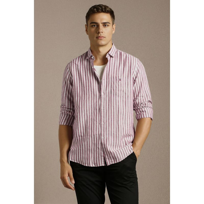 Louis Philippe Mens Maroon Stripes Full Sleeves Casual Shirt (39)
