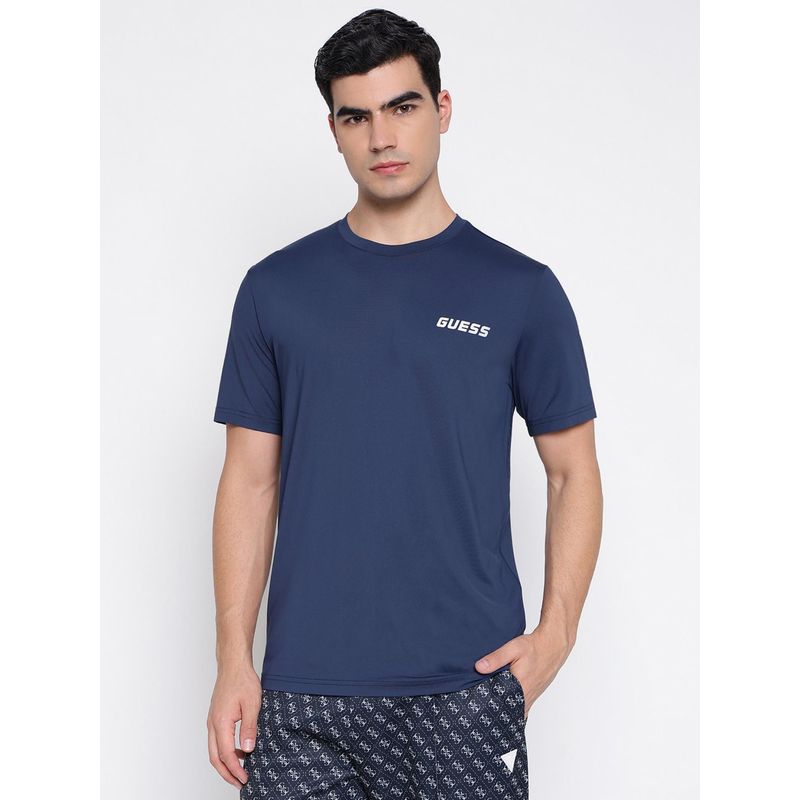 Guess Liga Micro Textured Tech Silk Blue Solid Slim Fit T-Shirt (S)