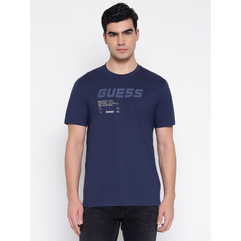 Guess Divo Mid Organic Stream Silk Blue Typography T-Shirt (S)
