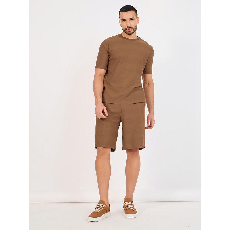 Styli Men Brown Textured Knit Oversized Ringer Co-Ord (Set of 2) (S)