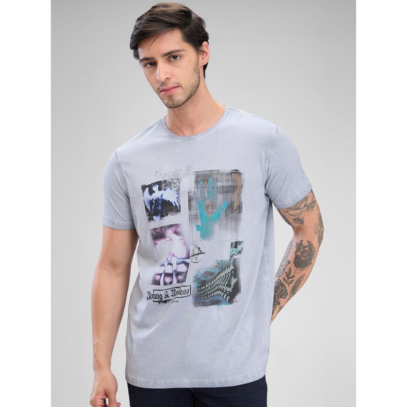 Spykar Blue Cotton Printed T-Shirt (M)