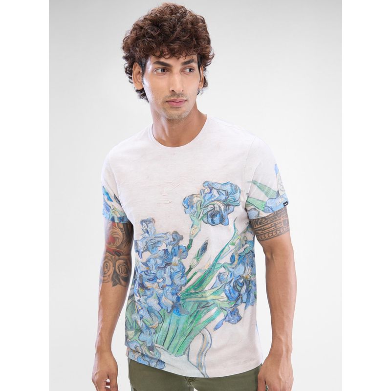 Spykar White Cotton Printed T-Shirt (M)
