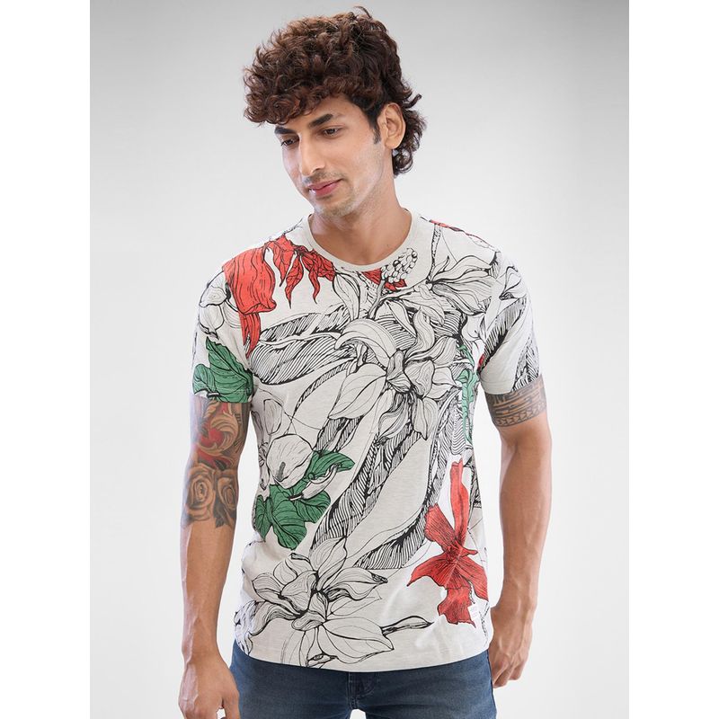 Spykar Off White Cotton Printed T-Shirt (S)