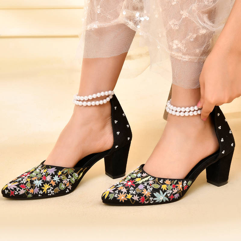 La Fiza Nocturne Coal Black Embellished Block Heels (EURO 39)