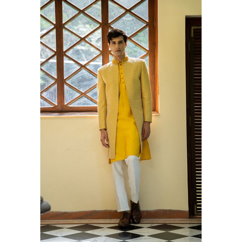 TAJIRI Konark Yellow Sherwani with Kurta and Pant (36)
