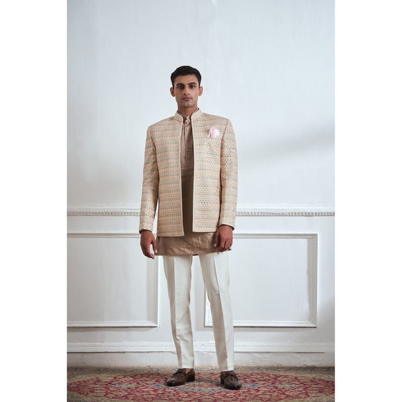 TAJIRI Reflections Brown Cotton Blend Mirror Work Kurta with Pant and Jacket (36)