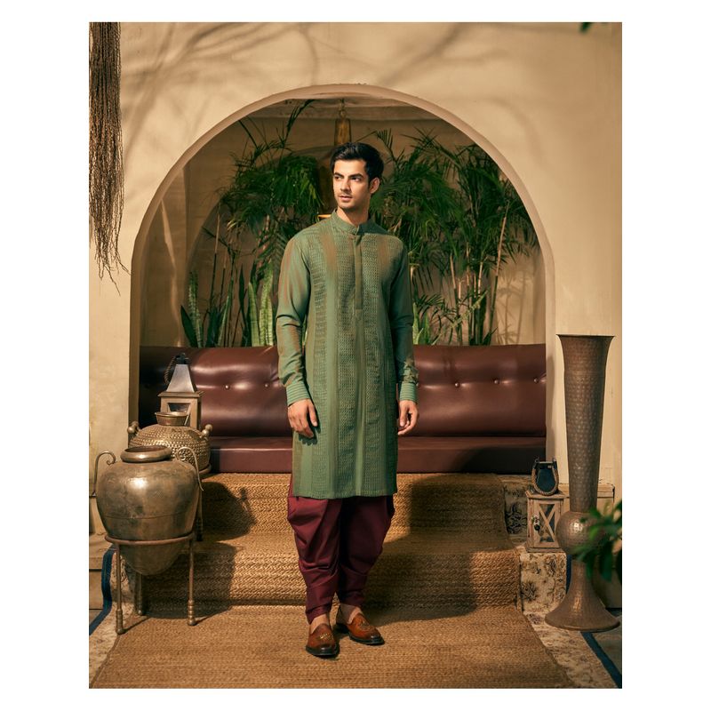 TAJIRI Zubair Green Silk Blend Thread Work Kurta and Salwar (36)