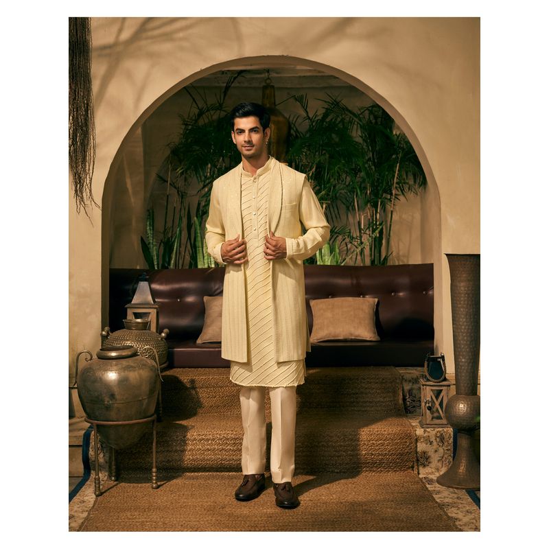 TAJIRI Dastan Beige Silk Blend Thread Work Kurta with Pant and Jacket (36)