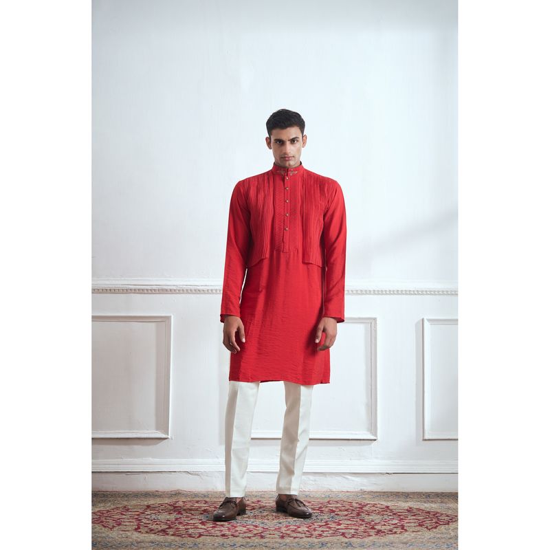 TAJIRI Lava Red Cotton Blend Thread Work Kurta with Pant (36)