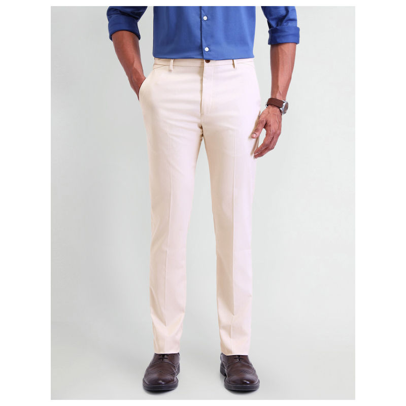 Arrow Newyork Textured Beige Polyester Slim Trousers (30)