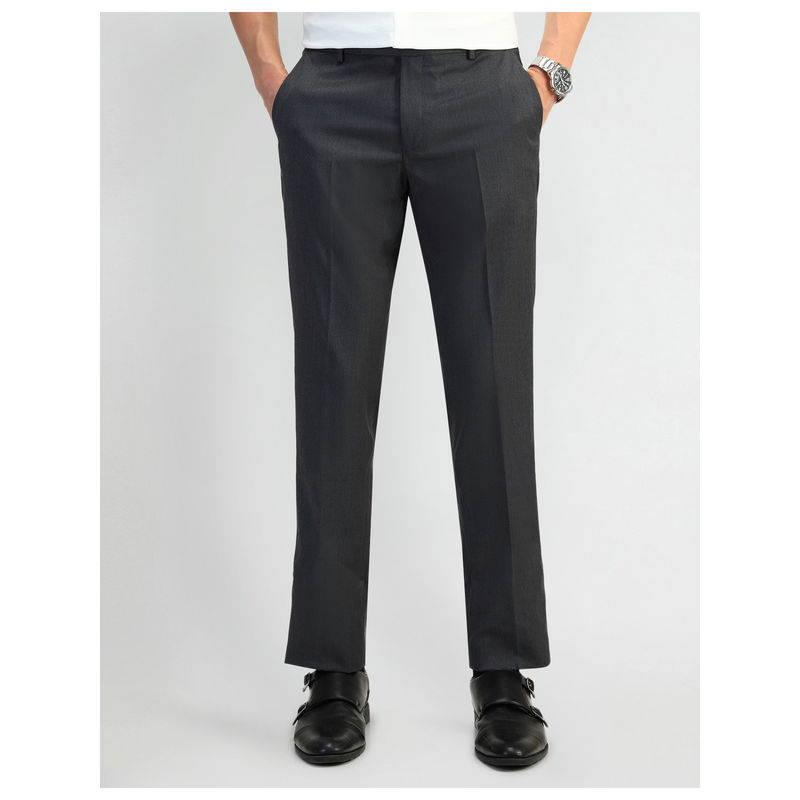 Arrow Textured Dark Grey Polyester Formal Trousers (30)