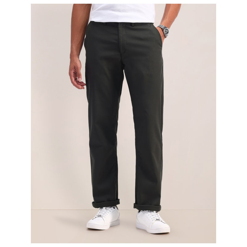 U.S. POLO ASSN. Solid Green Cotton Casual Straight Trousers (32)