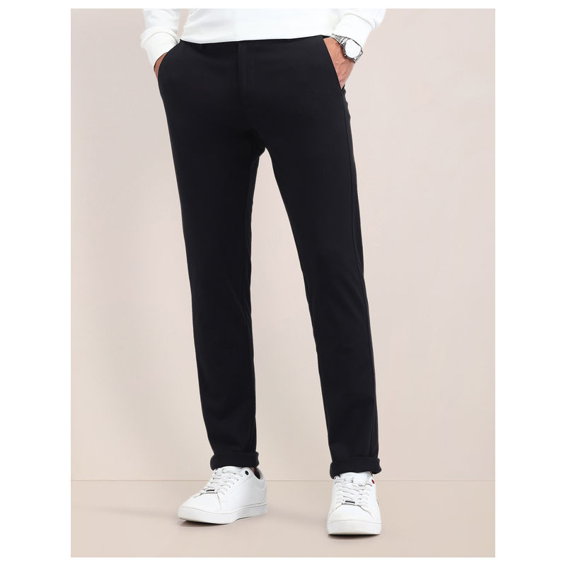 U.S. POLO ASSN. Solid Black Cotton Slim Trousers (30)