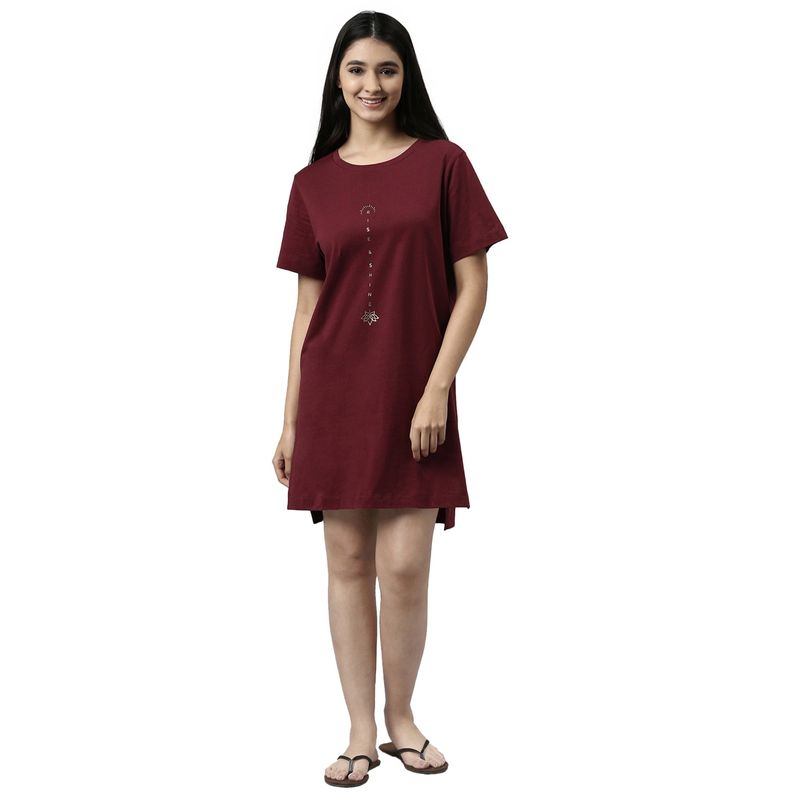 Enamor Womens E061-Relaxed Fit Short Sleeve Crew Neck Cotton Tunic Tee Dress-Dry Blood (L)