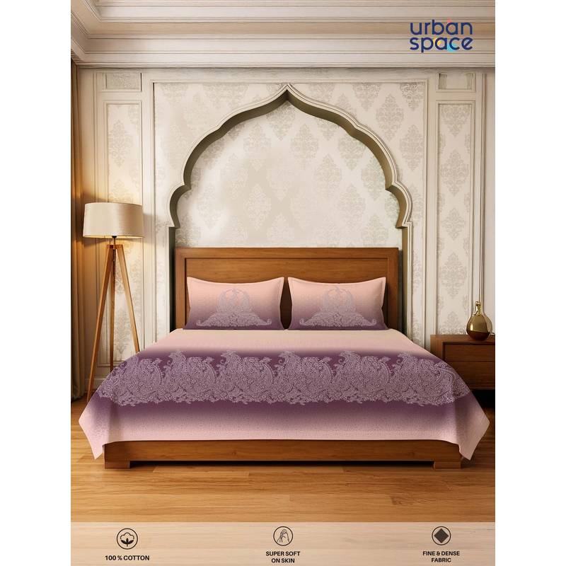Urban Space Mauve Serene 300 Tc Cotton Bedsheet with 2 Pillow Covers (Pack of 3) (Double)