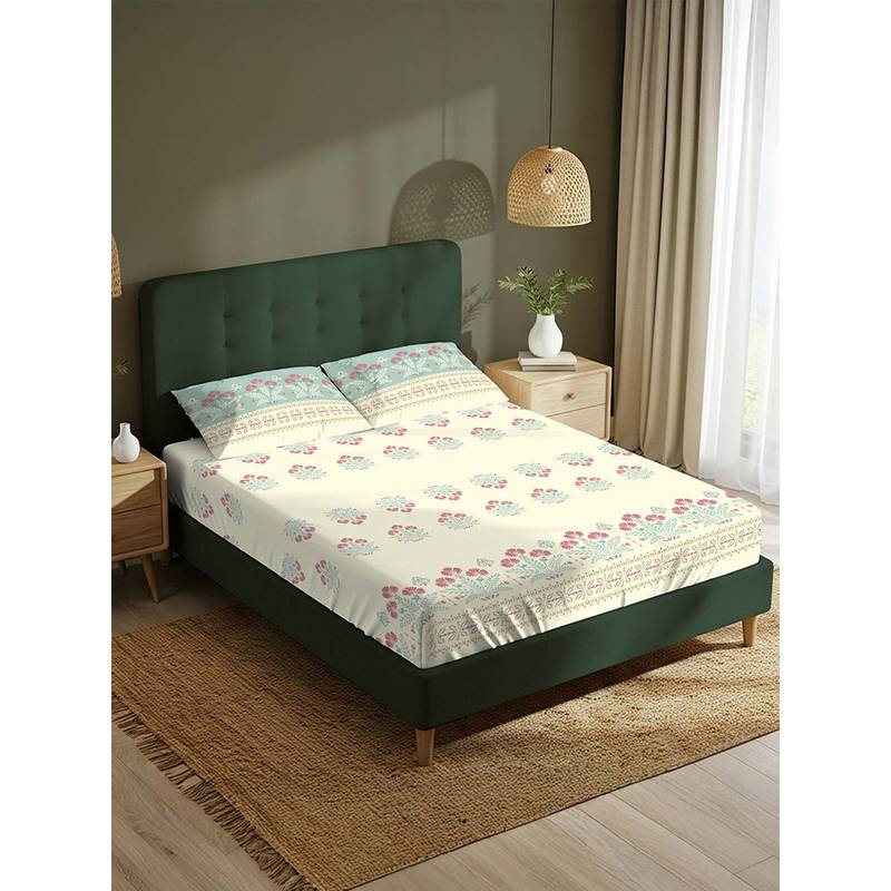 Urban Space Cream Serene 220 Tc Cotton Bedsheet with 2 Pillow Covers (Pack of 3) (King)
