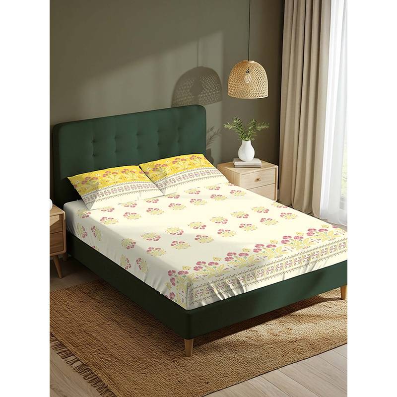 Urban Space Yellow Serene 220 Tc Cotton Bedsheet with 2 Pillow Covers (Pack of 3) (Double)