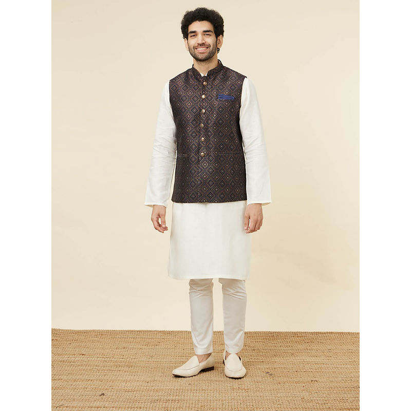 Manyavar Mens Dark Blue Brocade Jacket (XL)