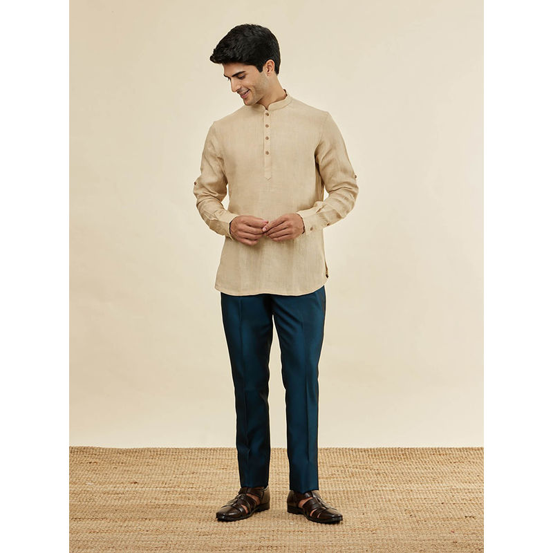 Manyavar Mens Fawn Linen Short Kurta (L)