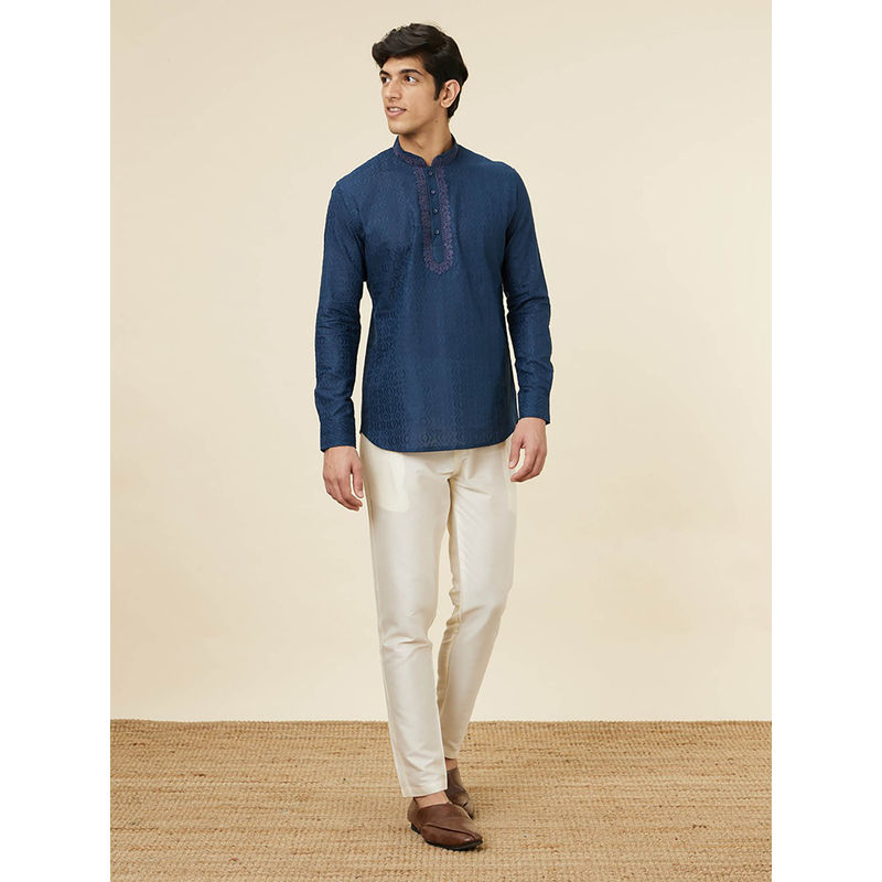 Manyavar Mens Dark Blue Cotton Short Kurta (M)