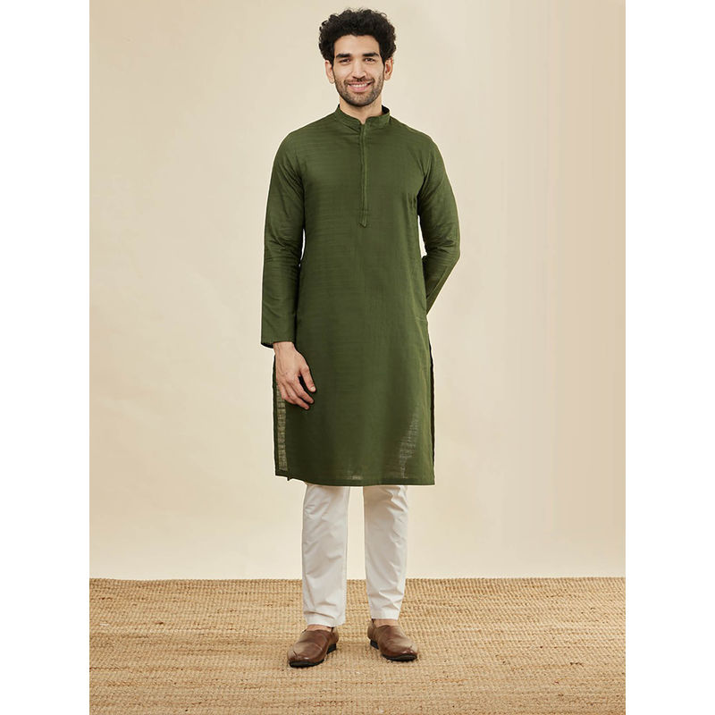 Manyavar Mens Dark Green Cotton Kurta Pyjama (Set of 2) (M)