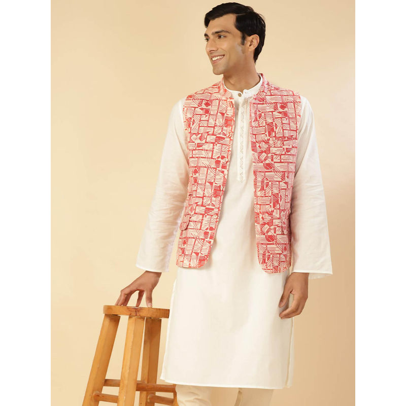 Fabindia Red Cotton Printed Slim Fit Jacket Nehru (XS)