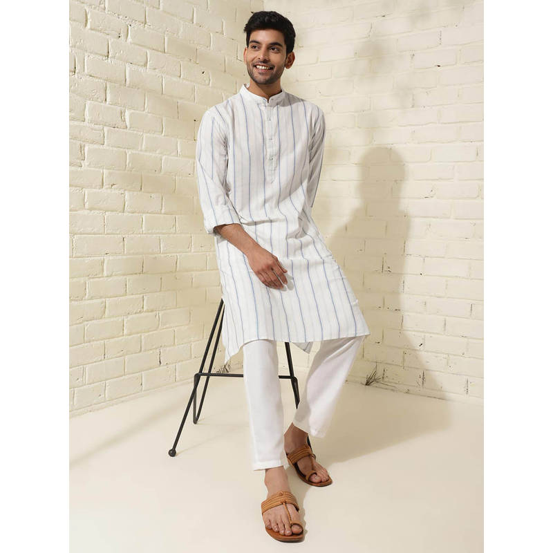 Fabindia Natural Blue Cotton Knee Length Comfort Fit Striped Kurta (XS)
