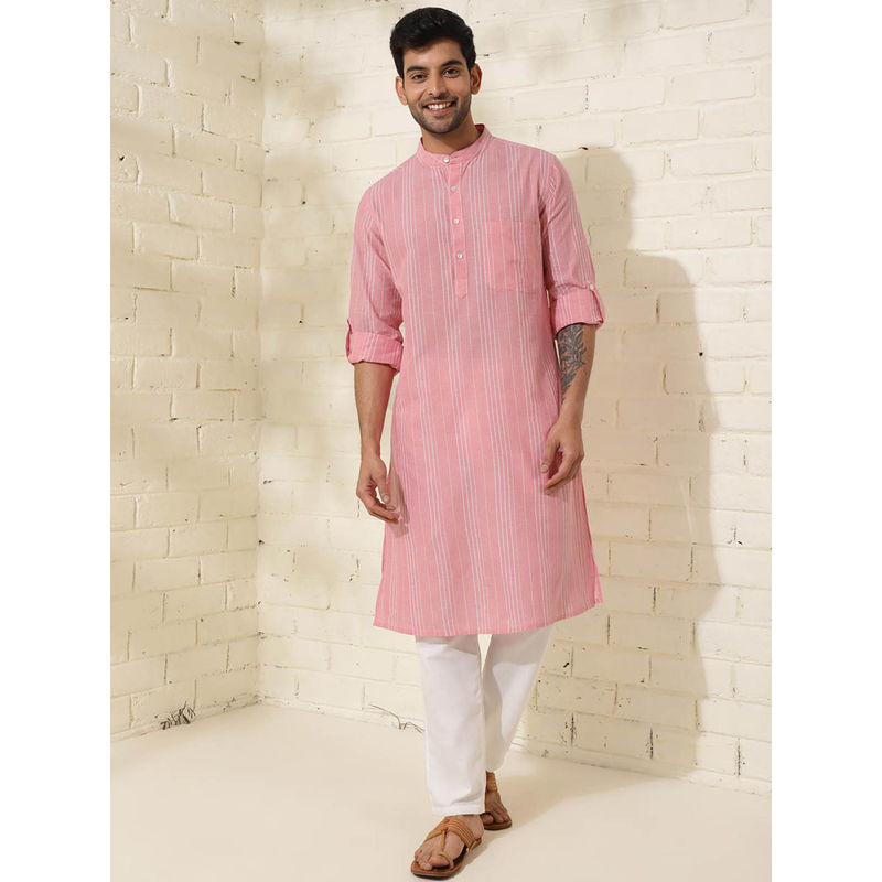 Fabindia Pink Cotton Knee Length Slim Fit Striped Mandarin Collar Kurta (M)