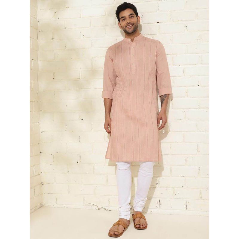 Fabindia Peach Cotton Knee Length Slim Fit Striped Mandarin Collar Kurta (M)