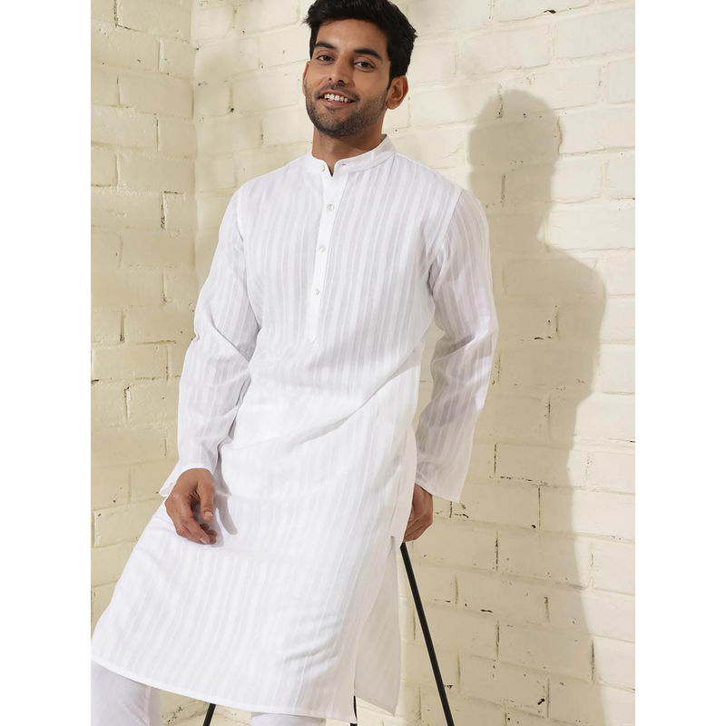 Fabindia White Cotton Knee Length Slim Fit Dobby Stripes Mandarin Collar Kurta (XS)