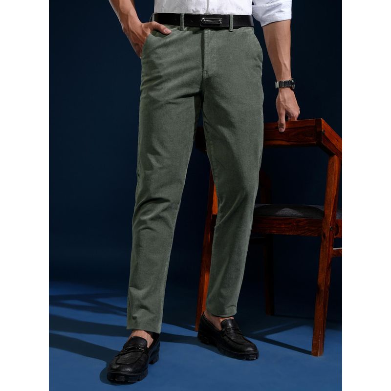 HIGHLANDER Men Olive Corduroy Solid Smart Solid Trouser (32)