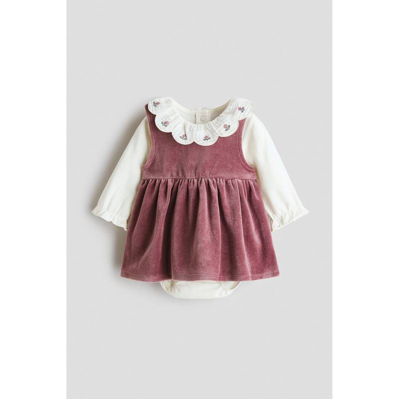 H&M Girls Pink 2-Piece Cotton Dress And Bodysuit (0-1 Months)
