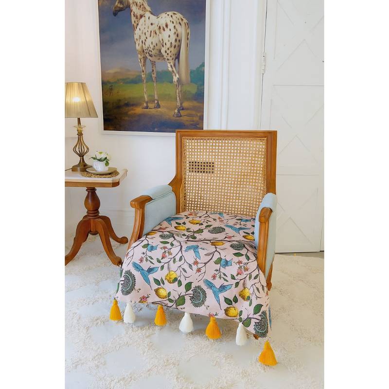 THROW PILLOW White Lemon & Humming Bird with Tassels Sofa Cover (65x65 CM)