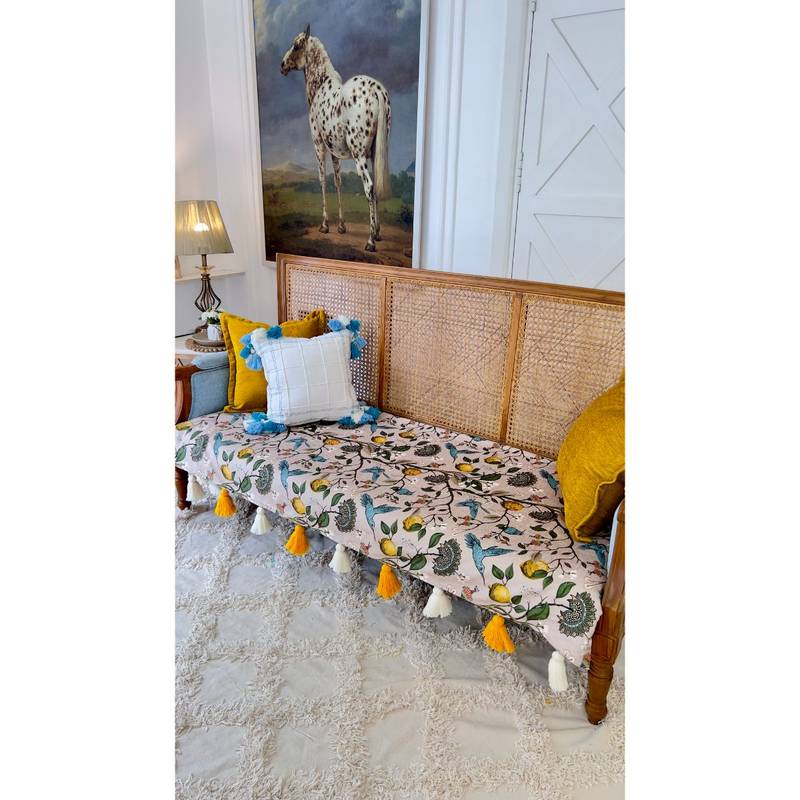 THROW PILLOW White Lemon & Humming Bird with Tassel Sofa Cover (120x65 CM)