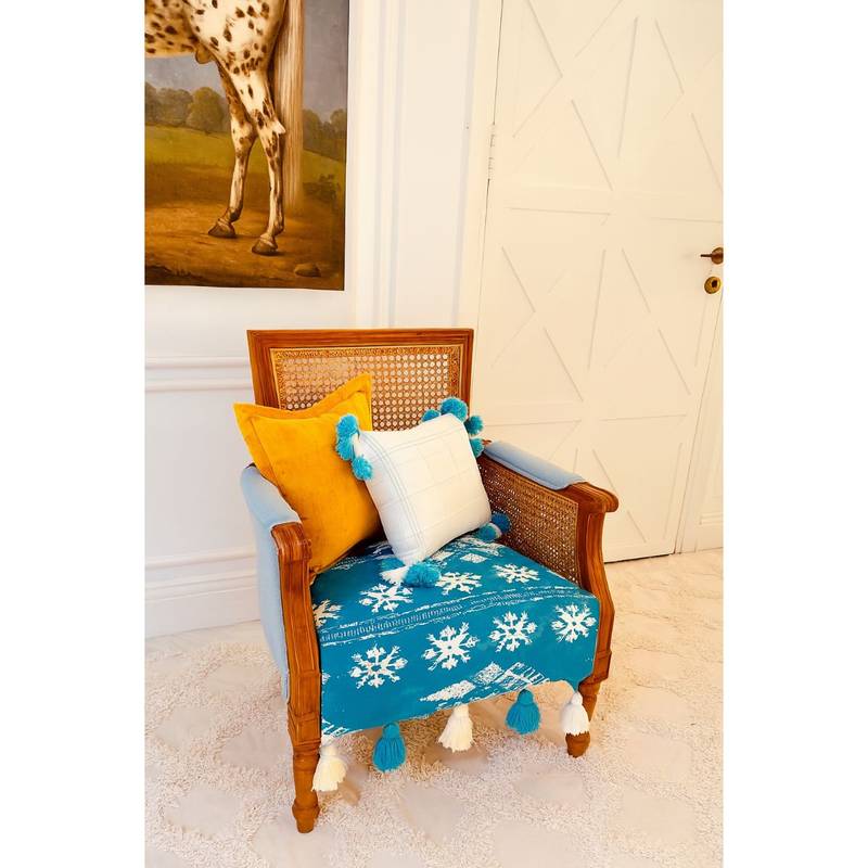 THROW PILLOW Blue Snowflake Geometric Pattern with Tassels Sofa Cover (65x65 CM)