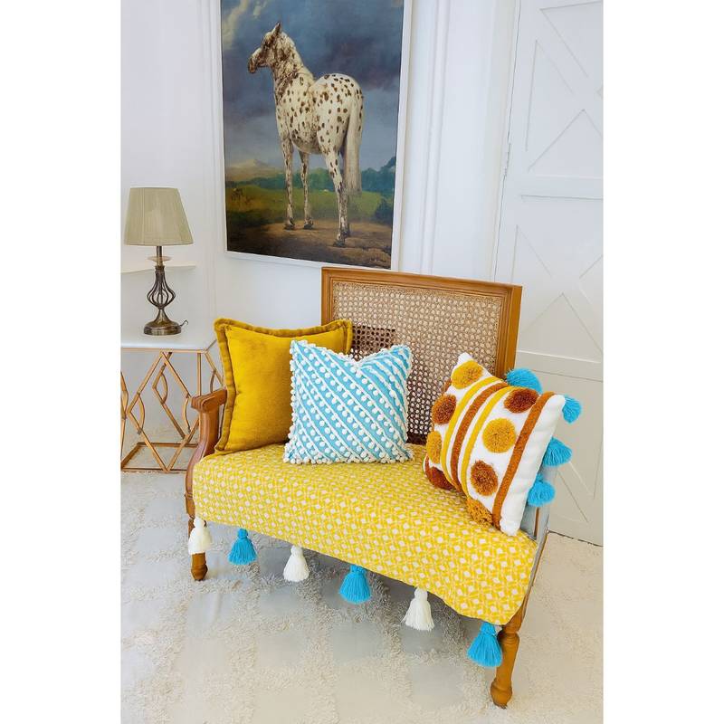 THROW PILLOW Yellow Diamond Shape Print with Tassels Sofa Cover (65x65 CM)