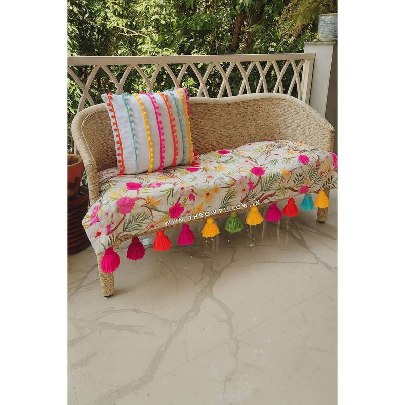 THROW PILLOW Multi-Colored Floral Printed Sofa Cover with Tassels (120x65 CM)