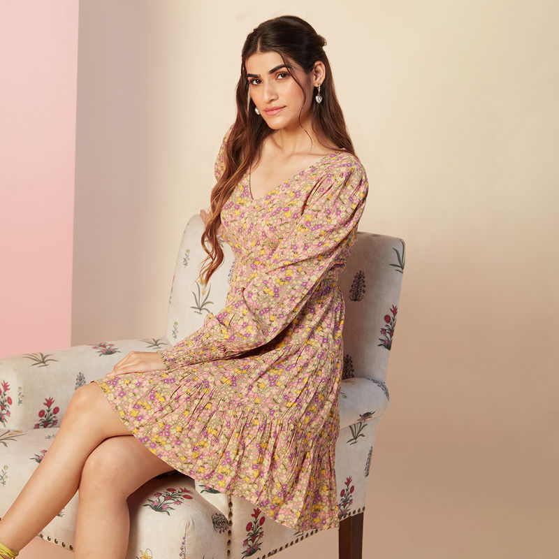 Twenty Dresses by Nykaa Fashion Beige Floral Printed V Neck Fit and Flare Tiered Dress (M)
