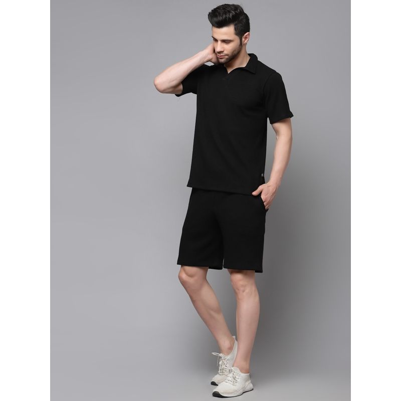 RIGO Men Black Waffle Knit Half Sleeves Co-Ord (Set of 2) (S)
