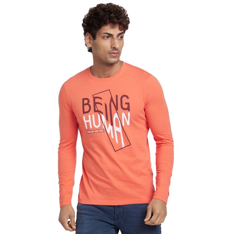 Being Human Men Coral Regular Fit Long Sleeve T-Shirts (M)