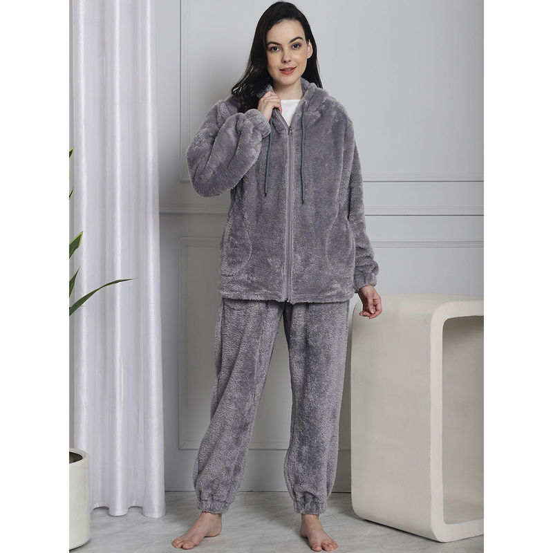 Secret Wish Grey Faux Fur Winter Night Suit (Set of 2) (L)