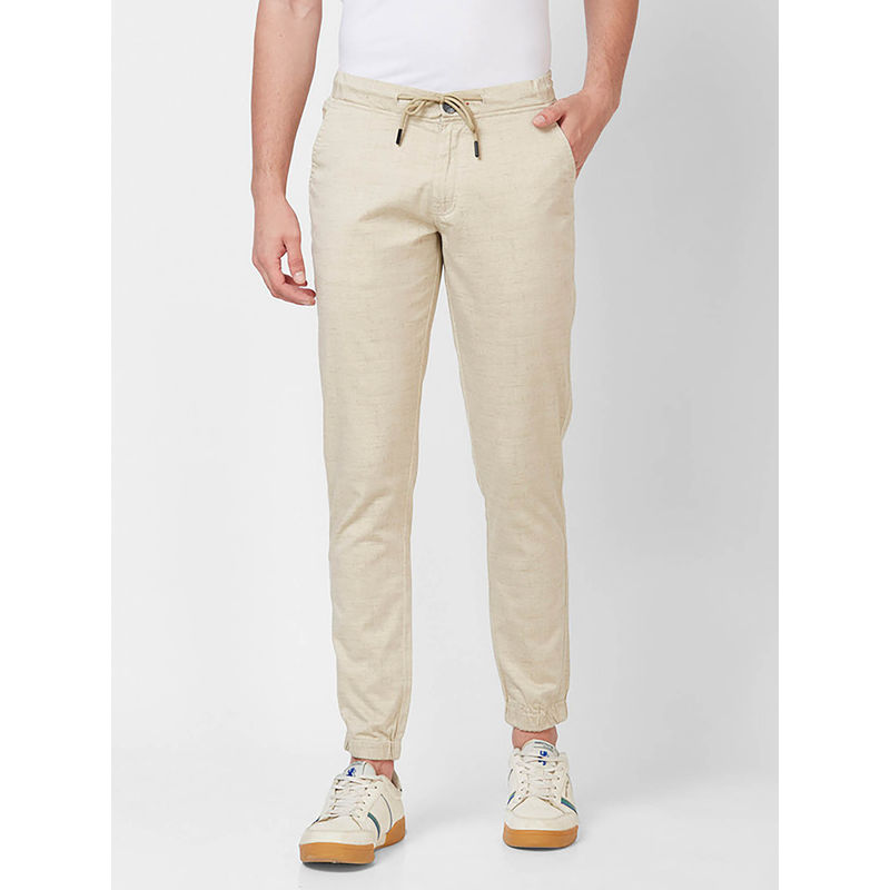 Giordano Beige Slim Fit Solid Mid Waist Cotton Joggers (S)
