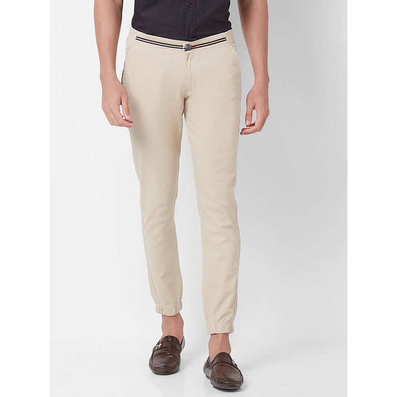 Giordano Cream Slim Fit Solid Mid Waist Cotton Joggers (M)