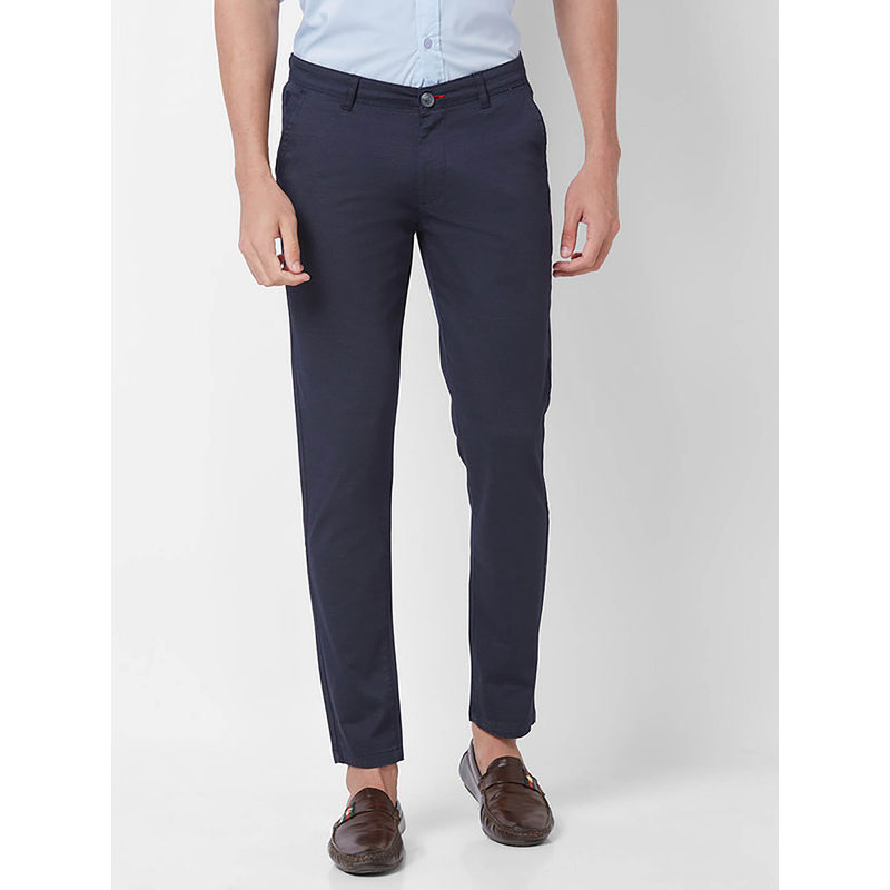 Giordano Navy Blue Slim Fit Solid Mid Waist Cotton Chinos (30)