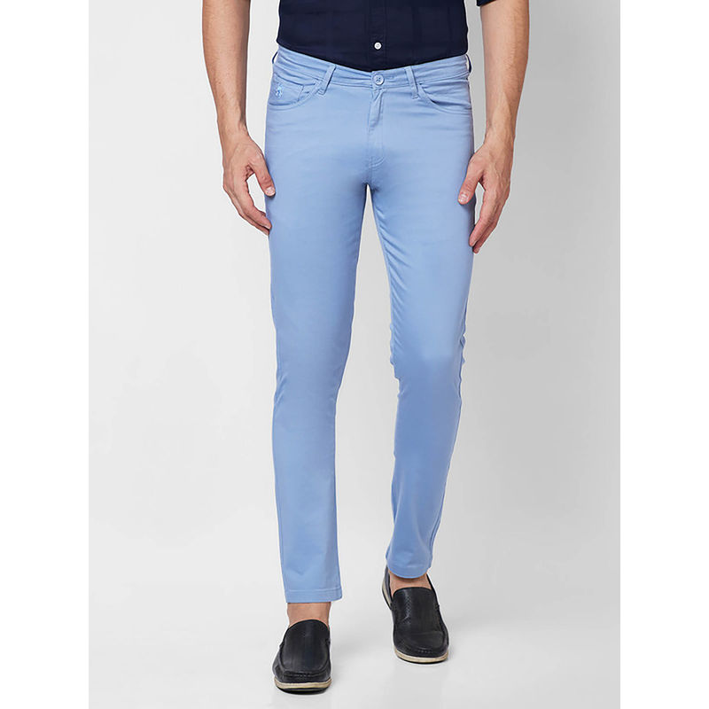 Giordano Blue Slim Fit Solid Mid Waist Cotton Chinos (30)
