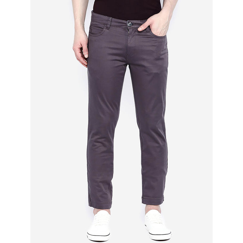 Giordano Grey Slim Fit Solid Mid Waist Cotton Chinos (30)