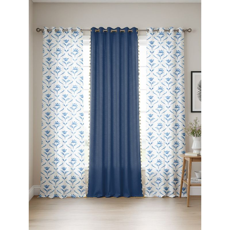 Urban Space Cotton Curtains Water Lily Blue & Aura indigo (Pack of 3) (7 x 4 feet)