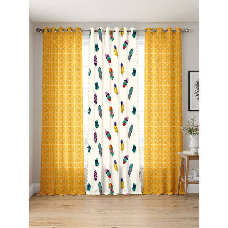 Urban Space Cotton Curtains Yellow Star & Dream Catcher (Pack of 3) (5 x 4 feet)